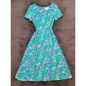 Vintage 80s 90s Maggy London Size 8 Bright‎ Teal Floral Dress Midi
